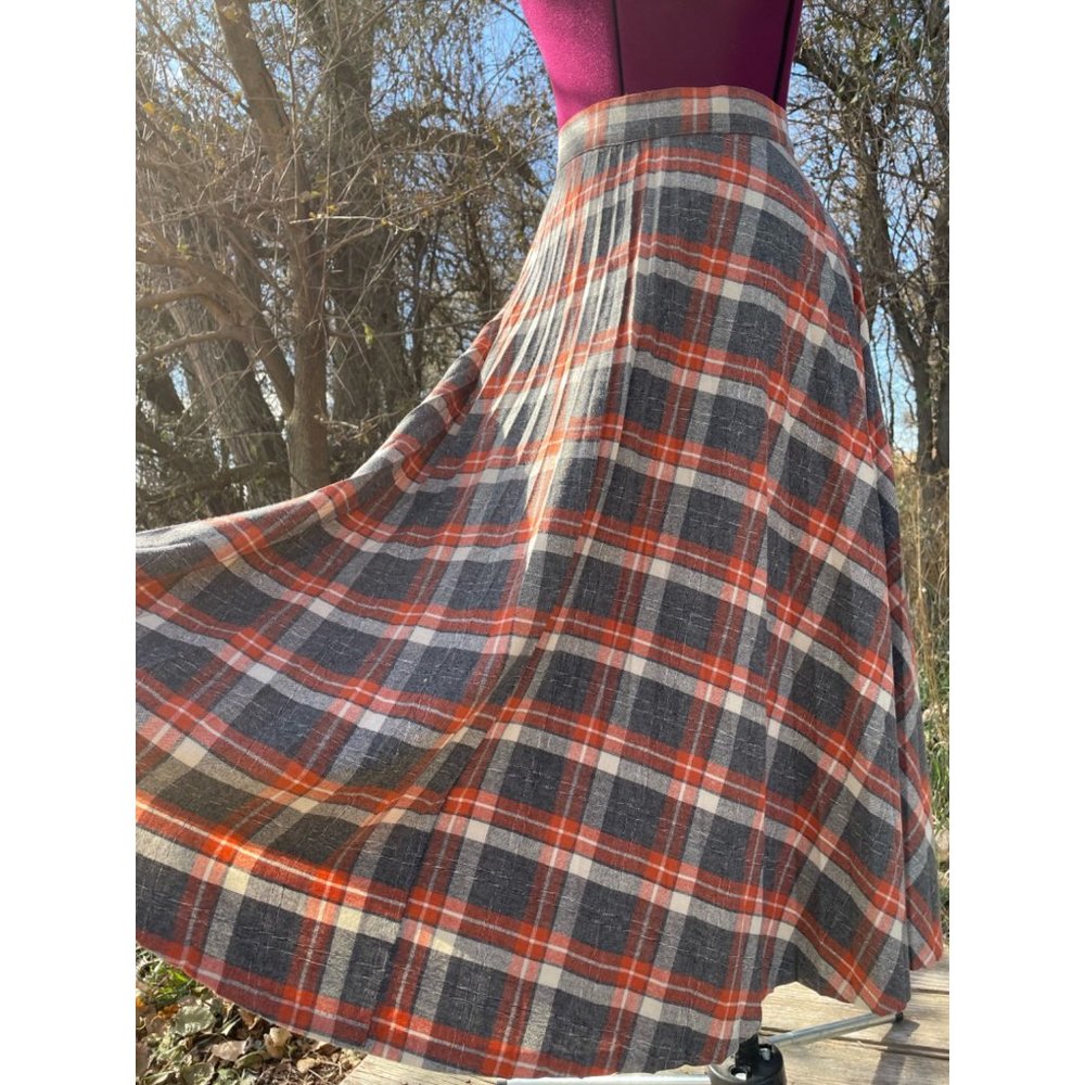 Vintage 1970s Wool Blend Plaid Pleated Skirt Gray Orange Size M - Picture 5 of 11